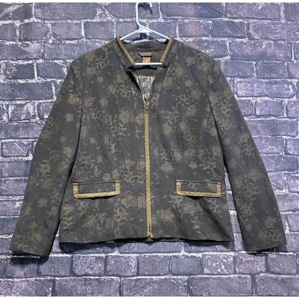 Multiples Jacket Women XL Brown Floral Gold Trim Full Zip Career Classic Elegant